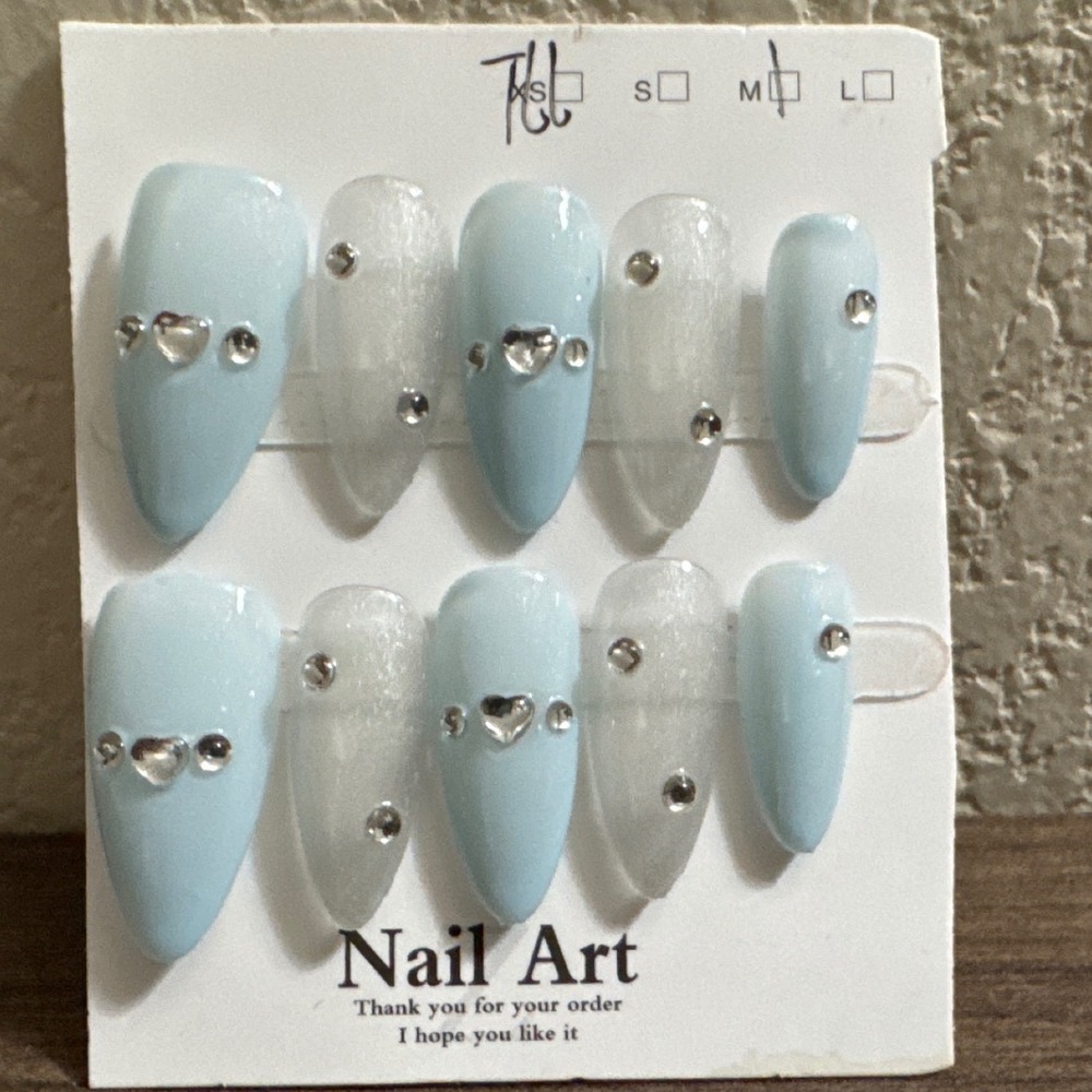 Light Blue White Almond Press On Nails Rhinestone Heart Crystal 10pc Set Size M